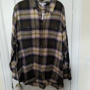 Old Navy Women’s The Boyfriend Shirt XXL Cotton Flannel LS Tunic Olive Plaid